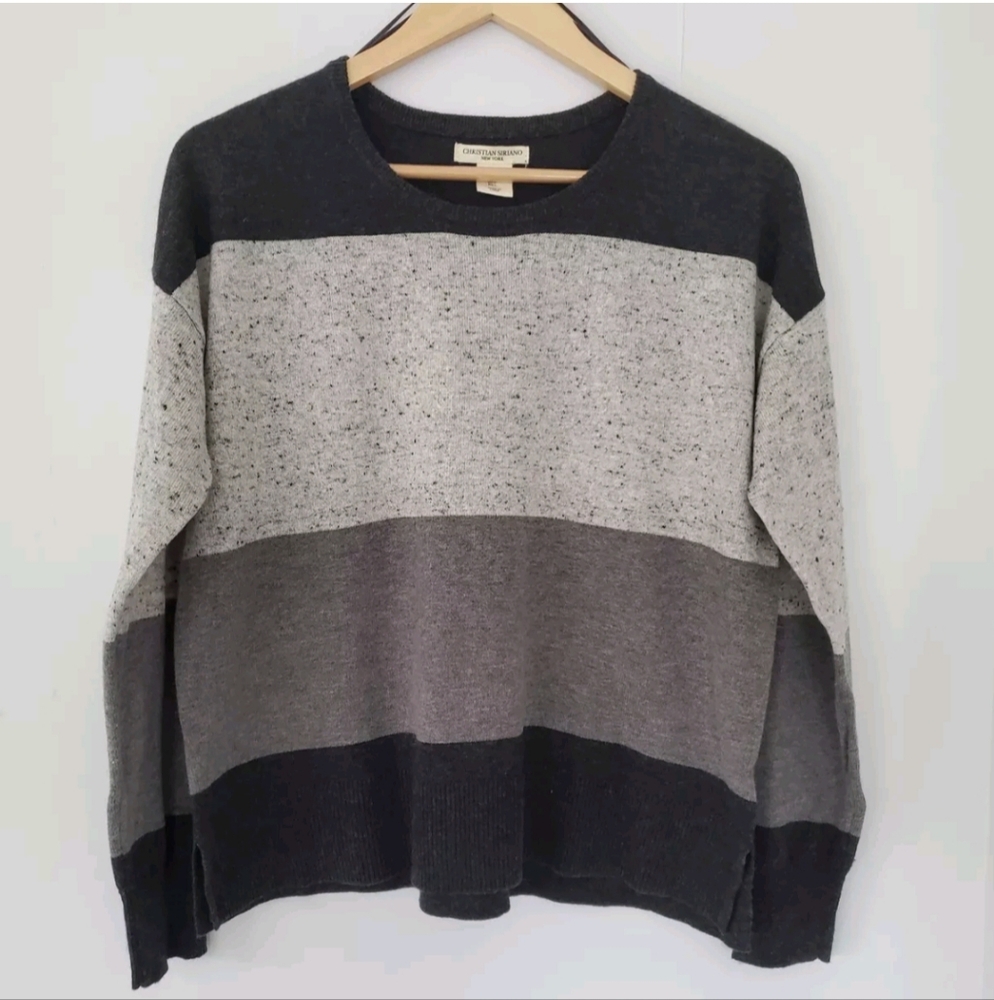 Christian Siriano Sz L Alpaca Merino Wool Black Gray Stripe LS Sweater Women EUC